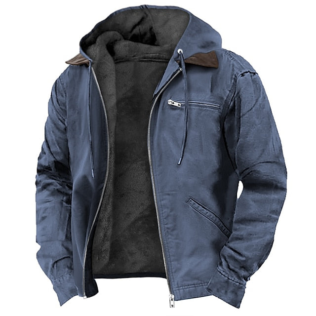 Blue men's casual outdoor jacket, all-weather durability, perfect for men's fashion with a zipper.