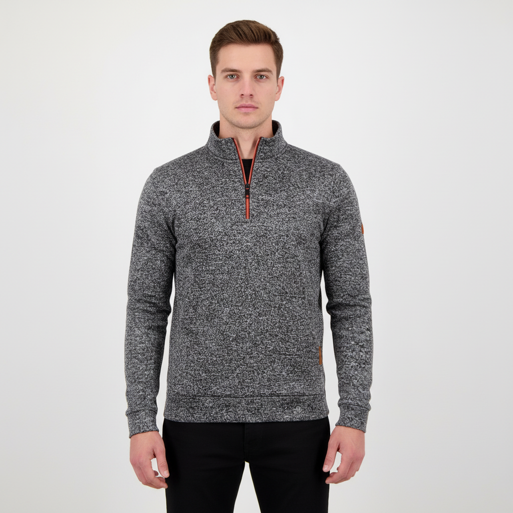 Front view of men's quarter-zip knitwear, Samuel brand warm cotton-wool sweater