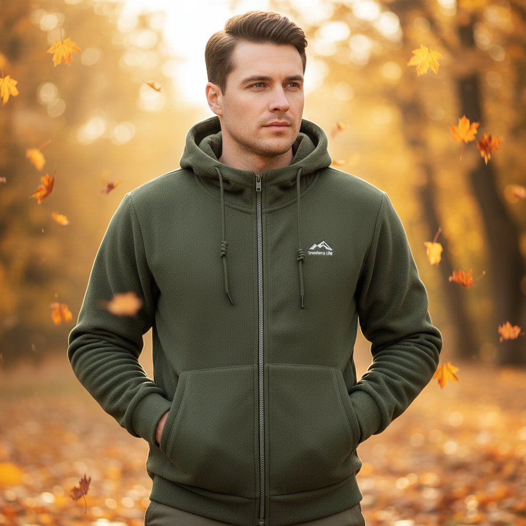 Men's warm fleece jacket 'Florian' in black, with adjustable hood and zippered pockets, ideal for winter