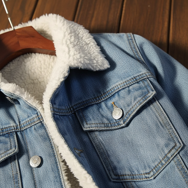 Casual men's outerwear: blue denim jacket with cozy fleece interior, front buttons