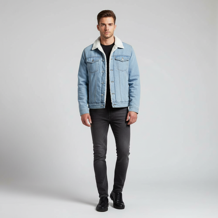Durable men's denim jacket, fleece lined for extra warmth, classic button-front style