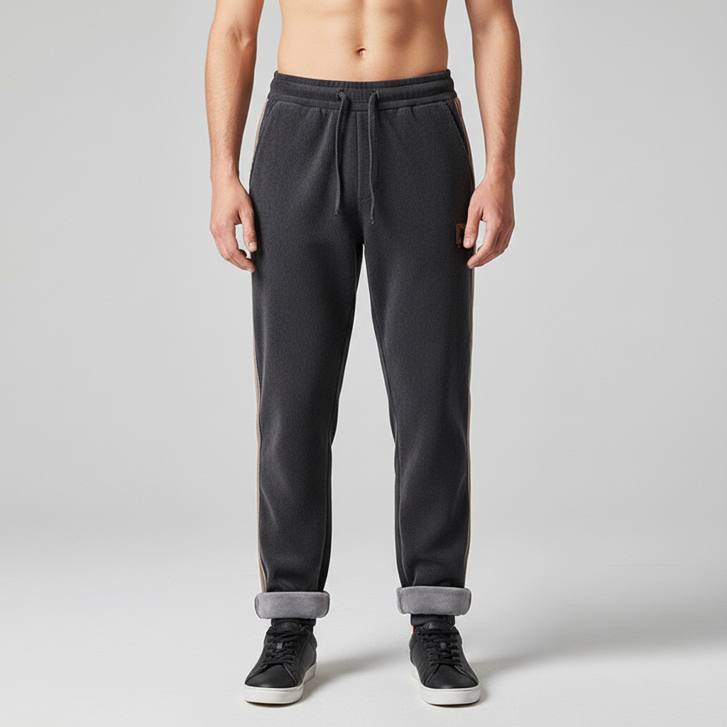 Stack of folded Men's Warm Jogger Trousers with fleece lining, highlighting comfort and winter readiness