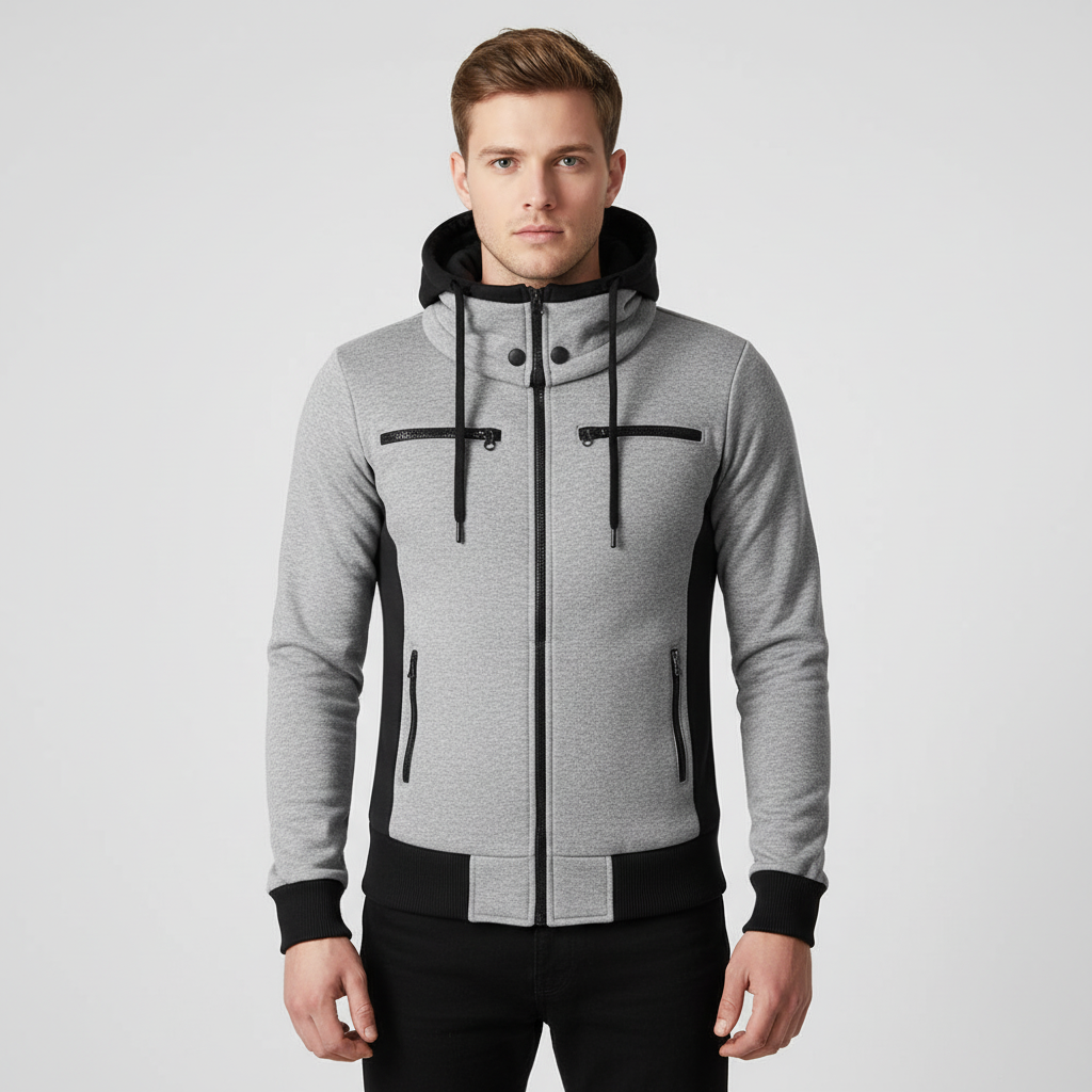 Detail of the zipper and warm fabric of a men's fleece-lined sporty jacket for cold weather outerwear.