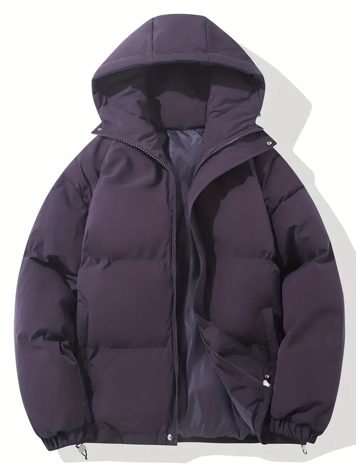 Insulated men's winter jacket with a protective hood, perfect for keeping warm during outdoor activities.