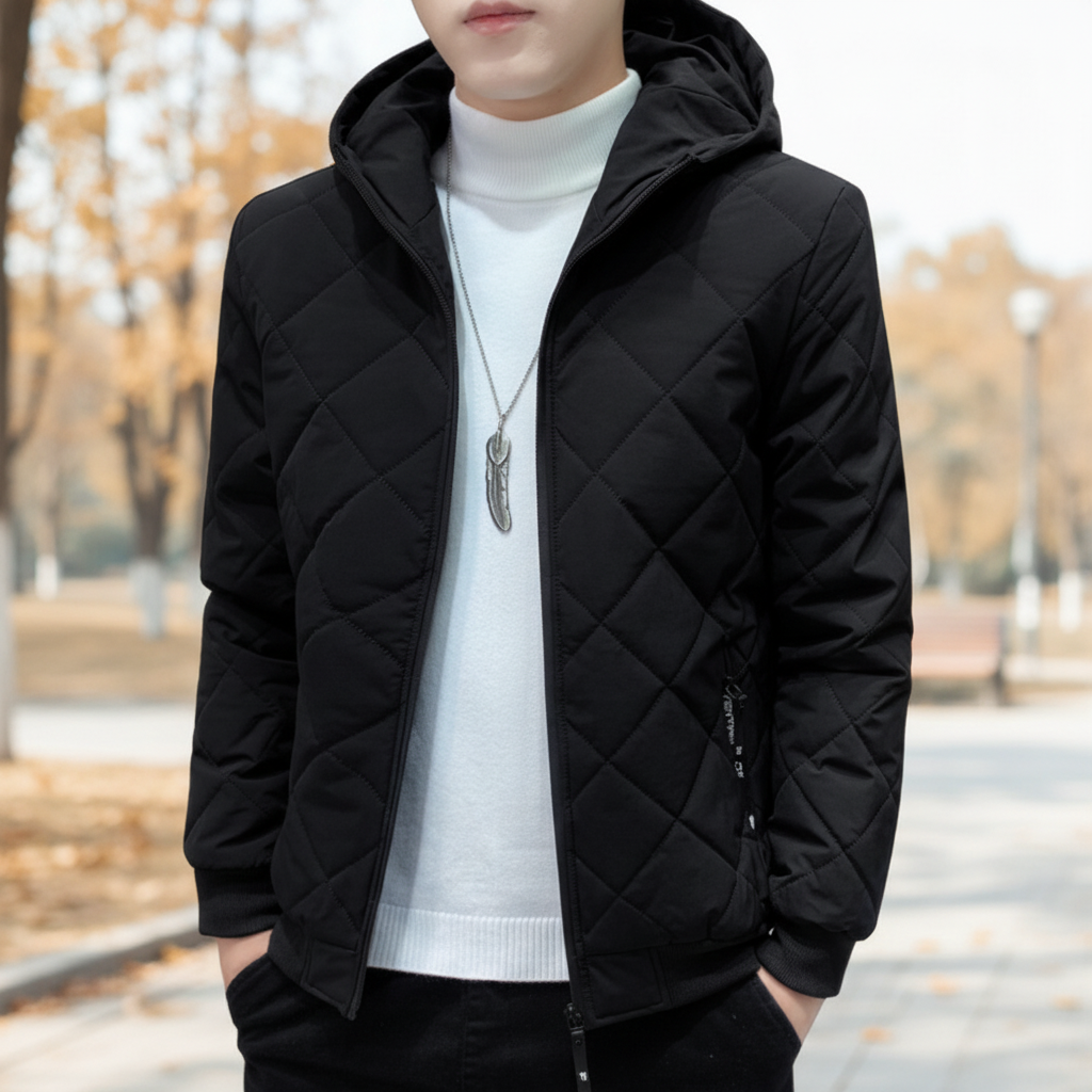 Men's warm insulated autumn winter jacket with hood, in a classic casual style.