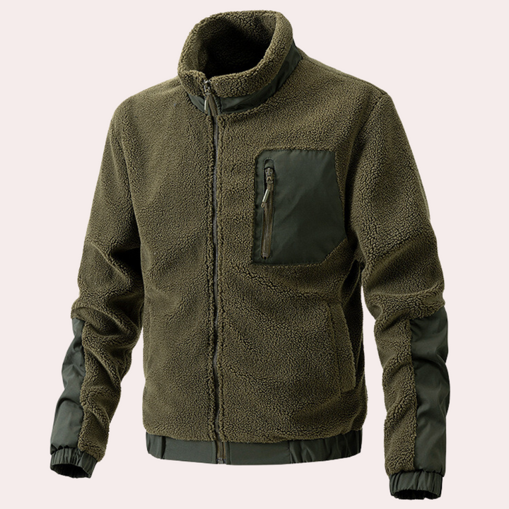 Back view of a comfortable men's green outdoor jacket, designed for ultimate cold weather protection & style.