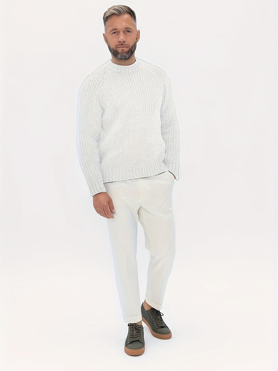 Men's everyday solid color long sleeve sweater. Warm knit for cozy comfort and cool weather fashion.