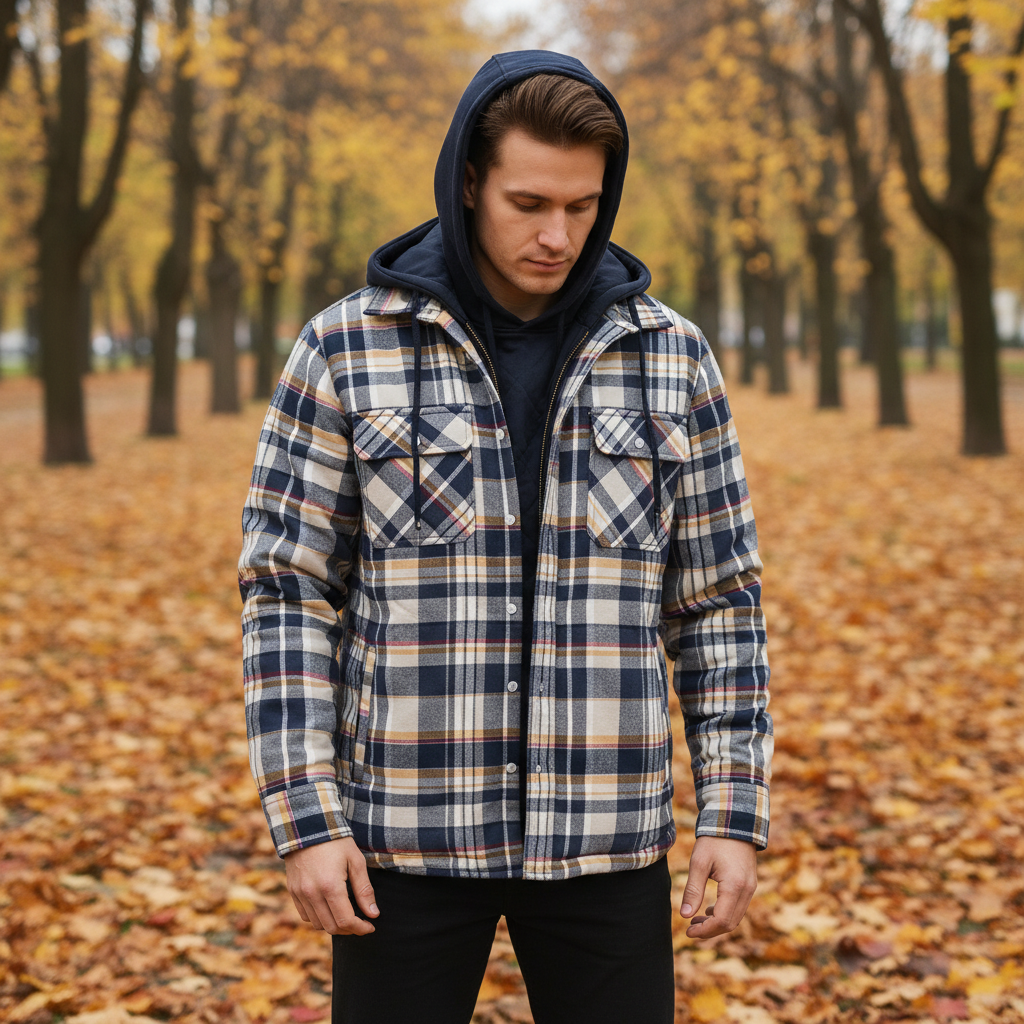 Men's warm lined checkered hooded jacket, ideal casual outerwear for autumn & winter fashion.
