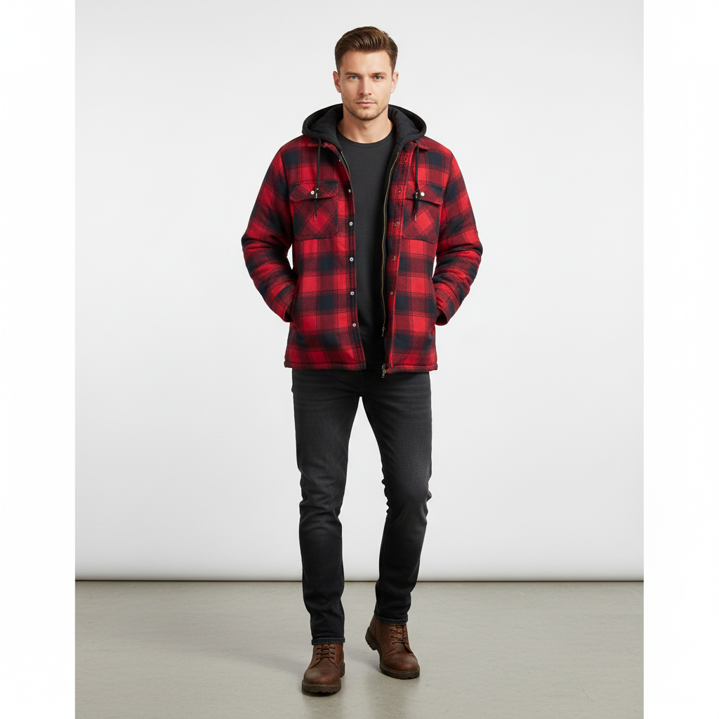 Folded warm lined checkered hooded jacket, ready for autumn and winter wear.