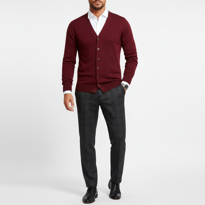 Stylish men's warm knit cardigan in a dark color, featuring a classic button-front design for versatile wear.