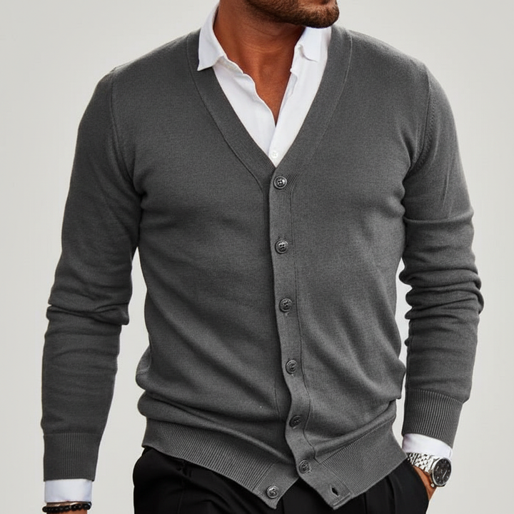 Beige men's warm knit cardigan, a timeless button-front sweater for elegant and casual autumn/winter style.