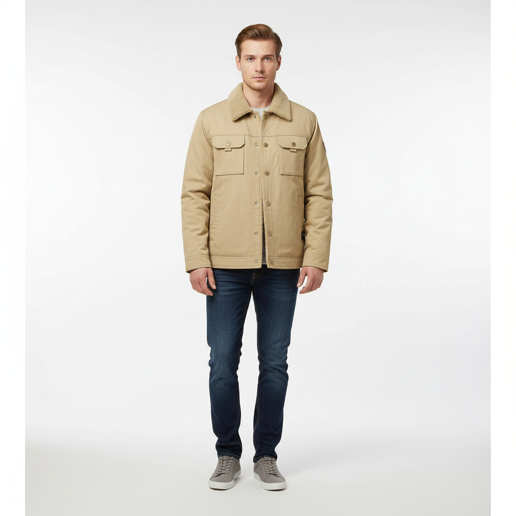 Heavy-duty men's winter outerwear, wool-lined with padded design, full zip, cozy and warm.