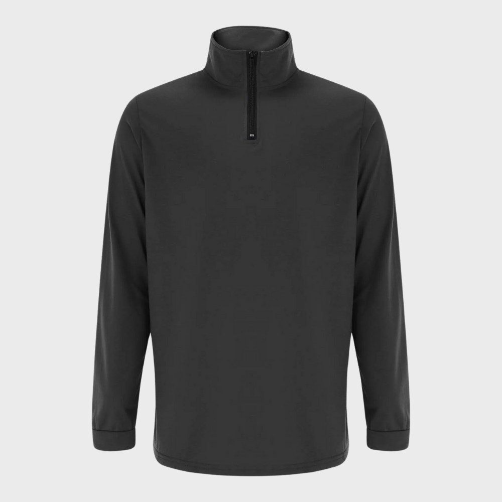 Stylish men's quarter-zip sweater, a modern versatile knitwear staple for warm casual outfits.