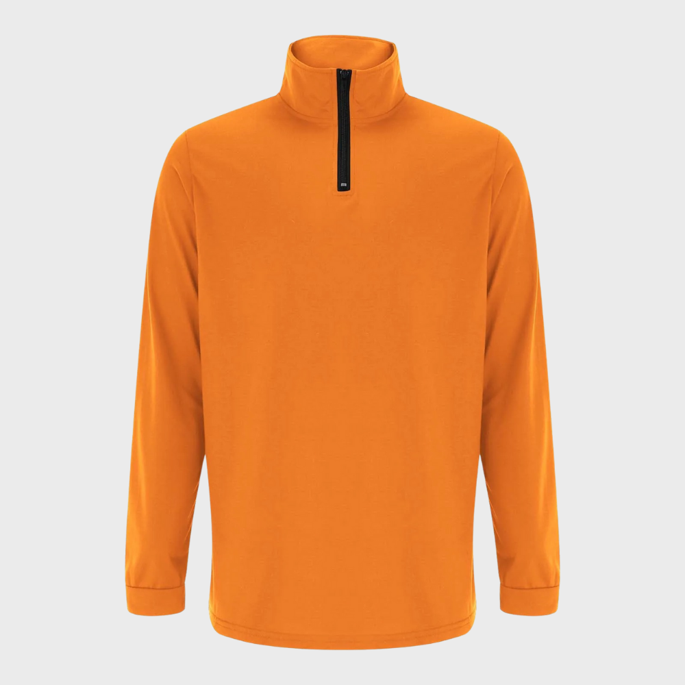 Seasonal men's warm quarter-zip sweater. Comfortable, versatile knitwear for cooler casual days.