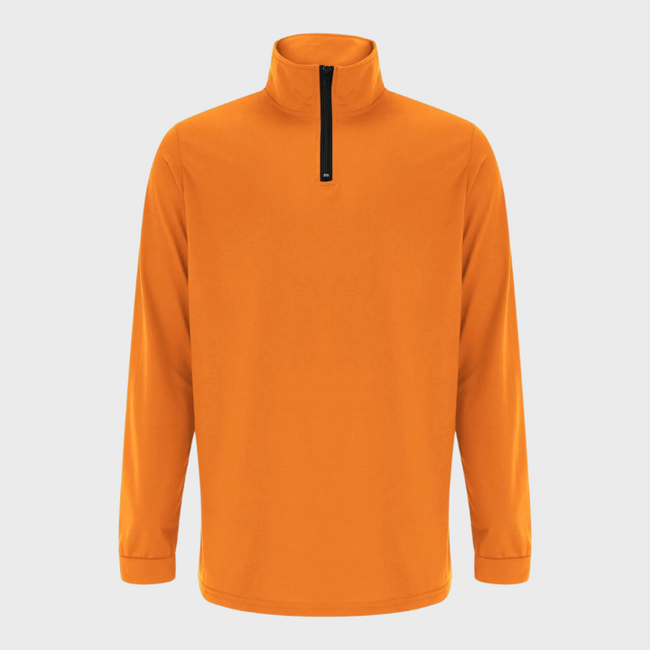 Seasonal men's warm quarter-zip sweater. Comfortable, versatile knitwear for cooler casual days.