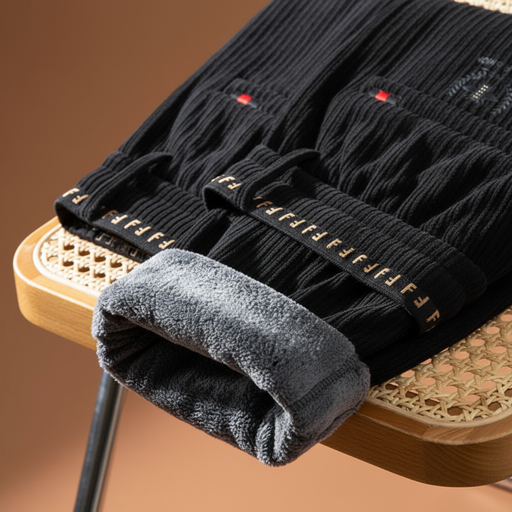 Ribbed men's winter pants with soft fleece lining, providing ultimate warmth and comfort for cold days.