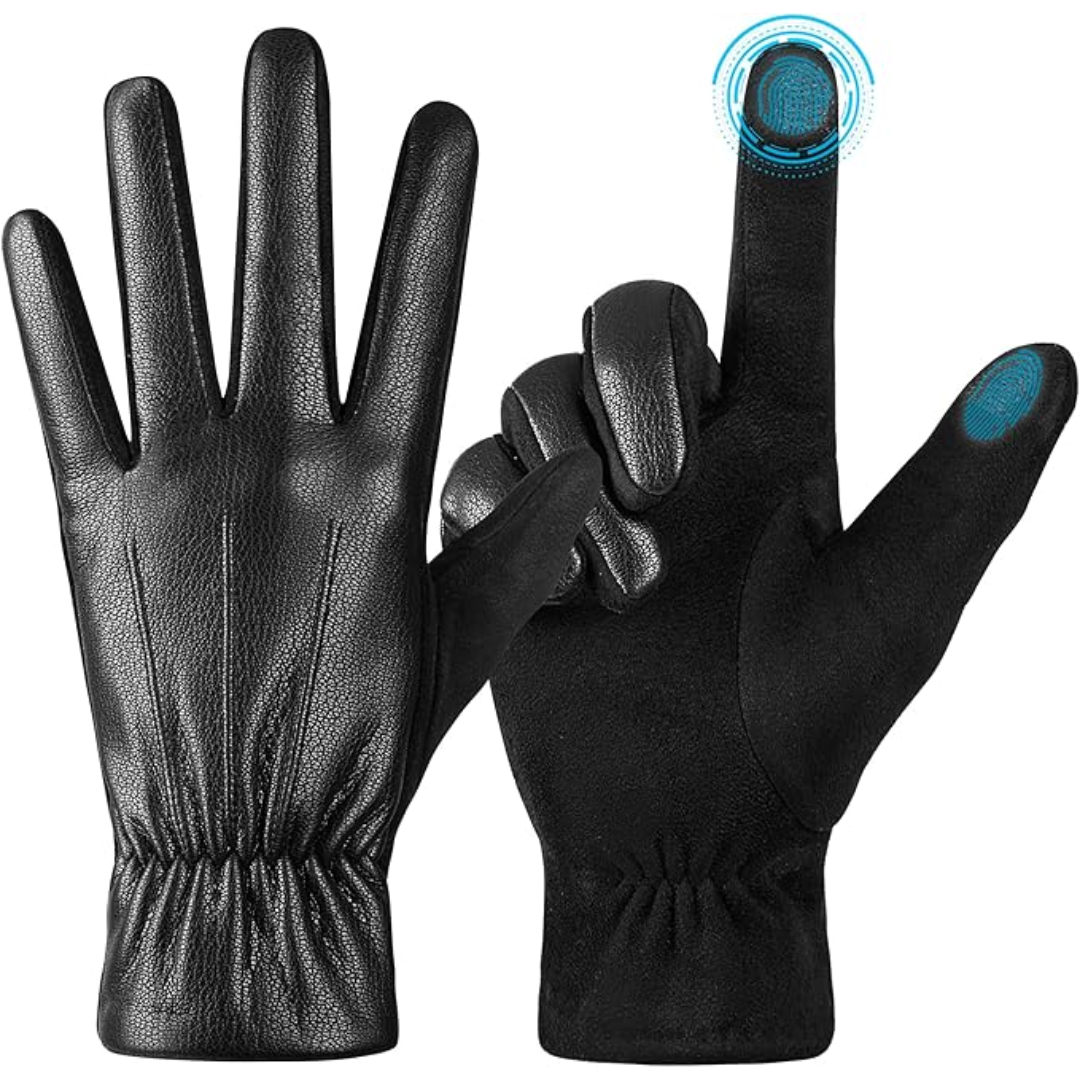 Windproof men's touchscreen winter gloves made from soft suede leather for warmth & convenience.