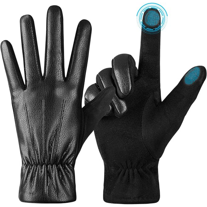 Windproof men's touchscreen winter gloves made from soft suede leather for warmth & convenience.