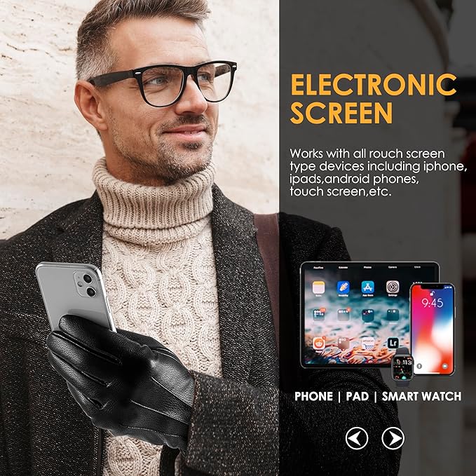 Gift-ready men's suede leather touchscreen winter gloves, a must-have cold weather accessory.