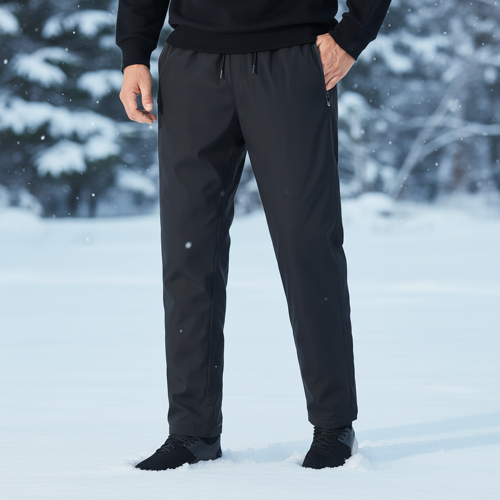 Men's warm windproof down insulated jogging pants, ideal for winter outdoor wear