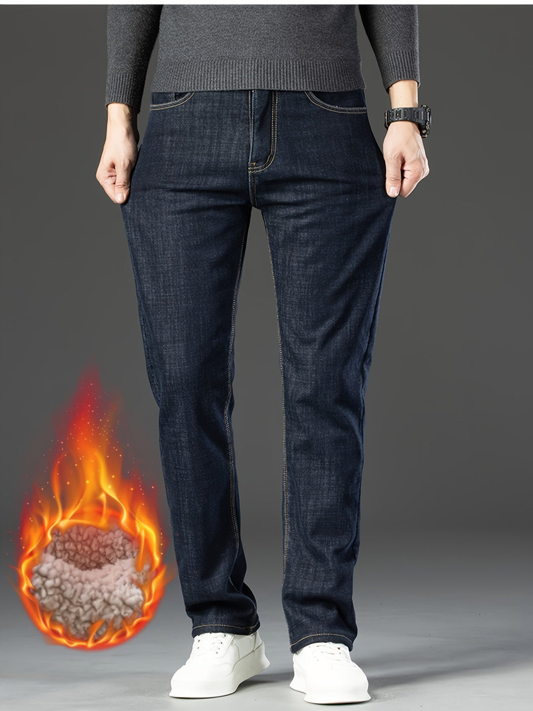 Men's insulated straight leg jeans. Warm, comfortable denim pants for winter style & comfort.