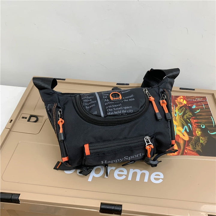 Men's water-resistant black nylon multi-way sling bag, perfect for travel & outdoor adventures.