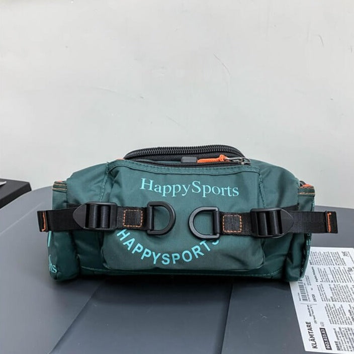 Detail of water-resistant fabric on a men's travel sling bag, emphasizing its durability and function.