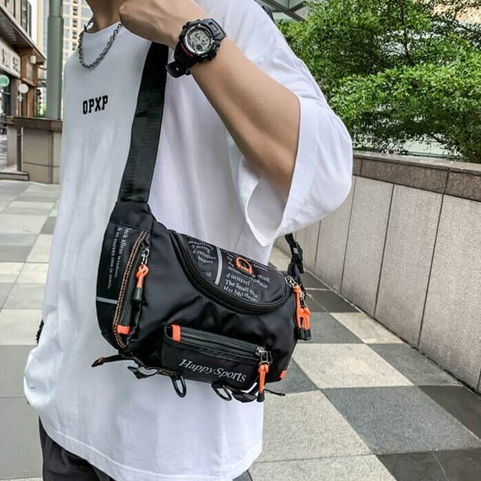 Ergonomically designed water-resistant men's sling bag for comfortable, hands-free travel.