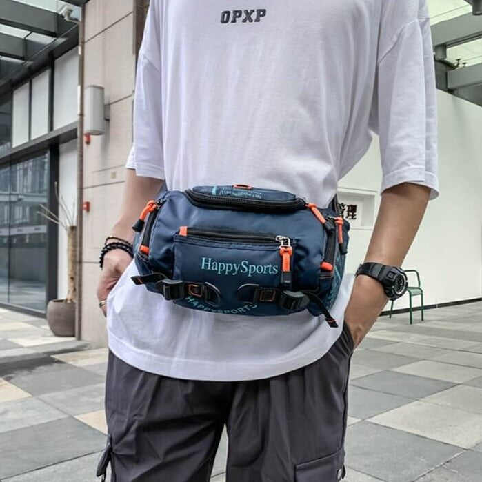 Black nylon water-resistant men's sling bag, ideal for secure carry during hiking or daily commutes.