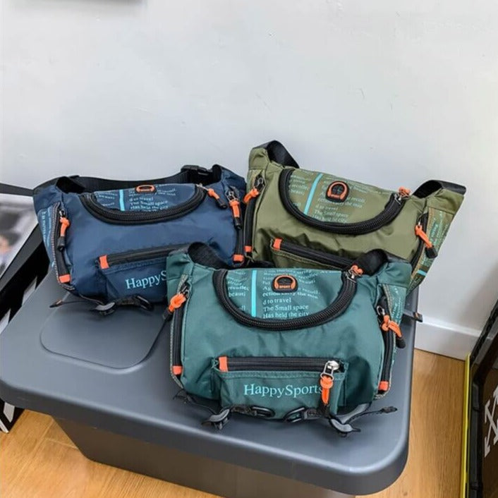 Water-resistant men's sling bag, an essential piece of outdoor gear for minimalist and practical travel.