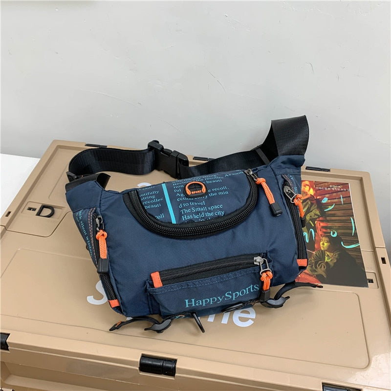 Close-up of a men's water-resistant waist bag showing durable nylon material and zipper details.