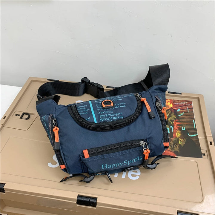 Close-up of a men's water-resistant waist bag showing durable nylon material and zipper details.