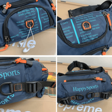 Front view of a water-resistant men's waist bag with secure buckle for outdoor and travel gear.