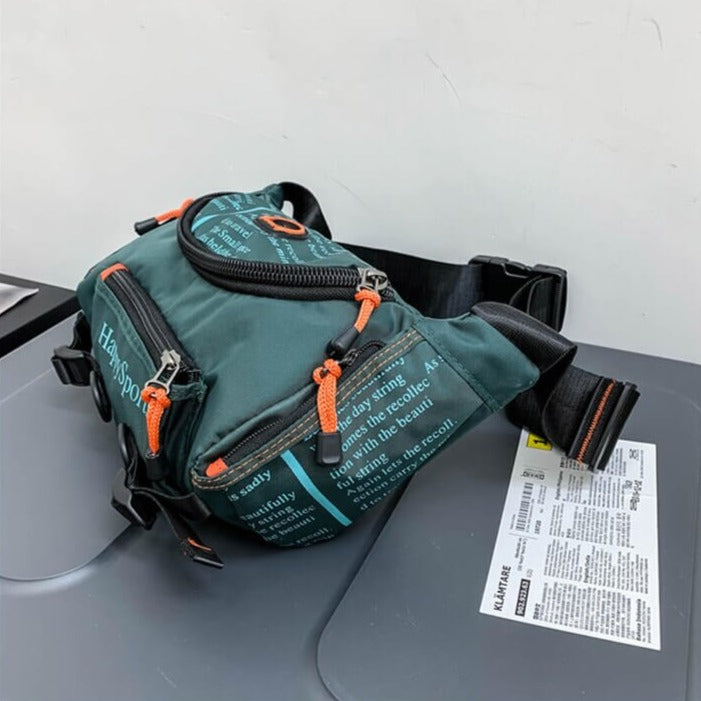 Water-resistant men's sling and waist bag set, essential outdoor gear for active lifestyles.