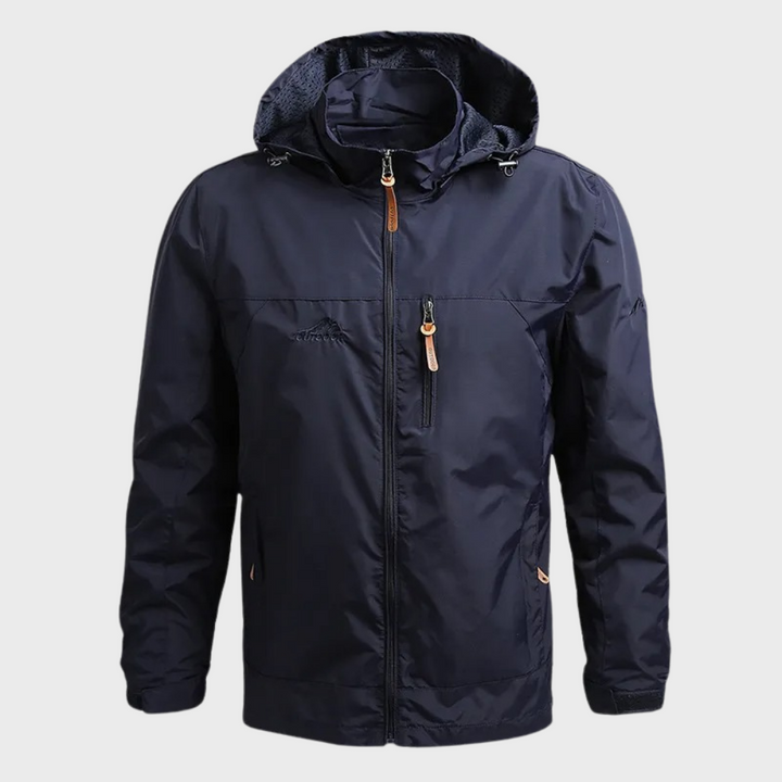 Durable ElementShield men's waterproof rain jacket. Provides ultimate protection from wind & rain for all outdoor activities.