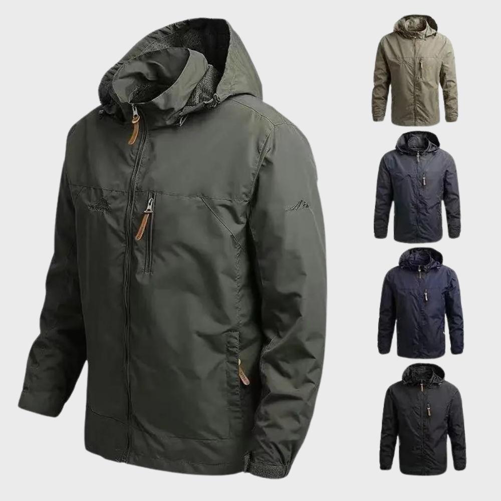 Premium ElementShield men's waterproof jacket, a stylish & durable all-season rain jacket. Essential outerwear for men.