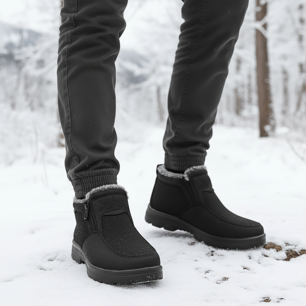 Men's waterproof insulated winter boots, black, non-slip, for cold weather