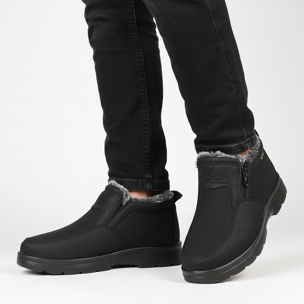 Side view of durable men's waterproof insulated ankle boot, orthopedic design