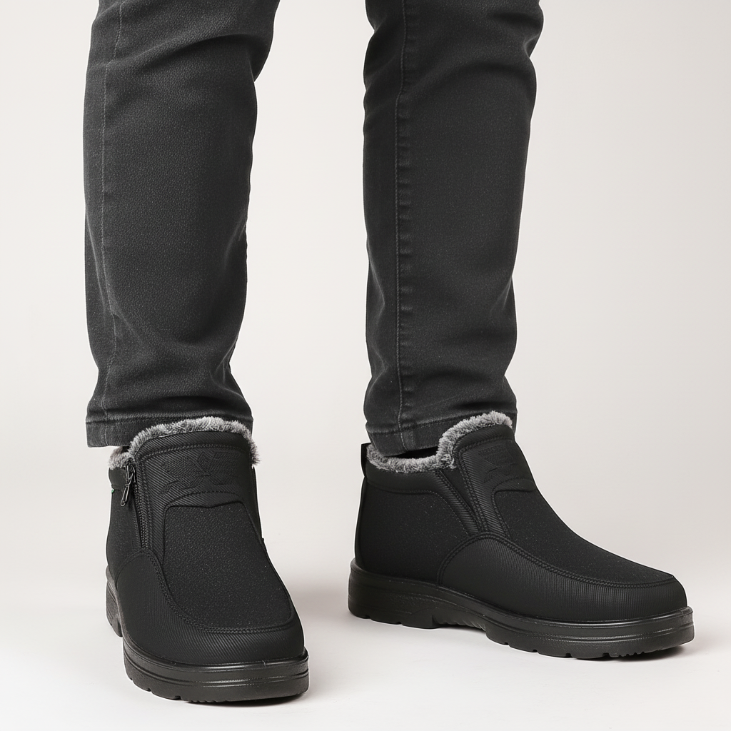 Top view of men's waterproof winter boots, insulated, ready for outdoor use