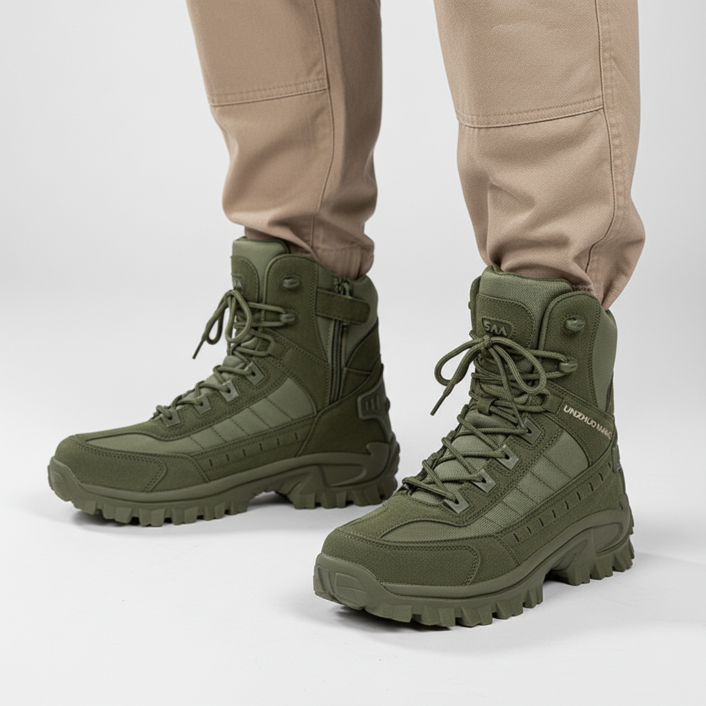 Pair of men's non-slip work boots, black and waterproof, designed for demanding outdoor activities.
