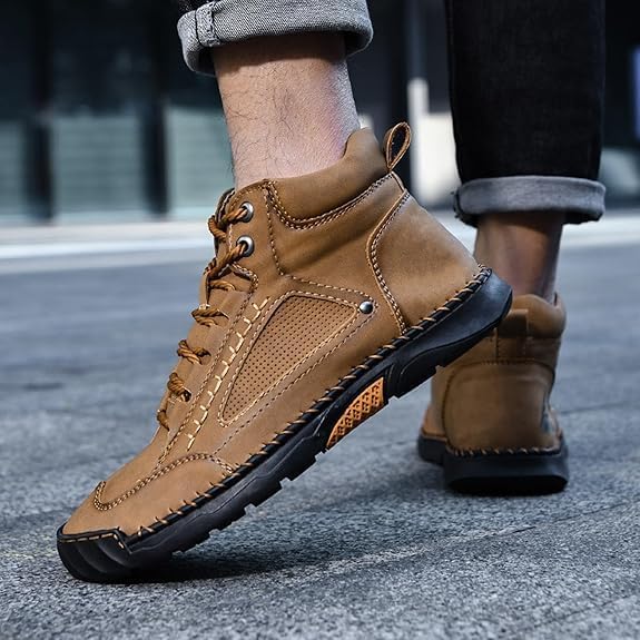 Man wearing Renvar men's waterproof orthopedic boots, arch support, non-slip soles, walking in snow