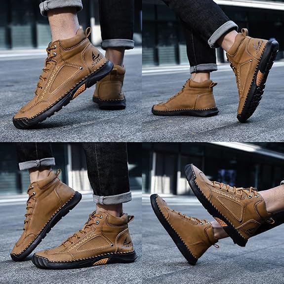 Renvar men's waterproof orthopedic boots, arch support, non-slip, showcasing flexibility of the sole