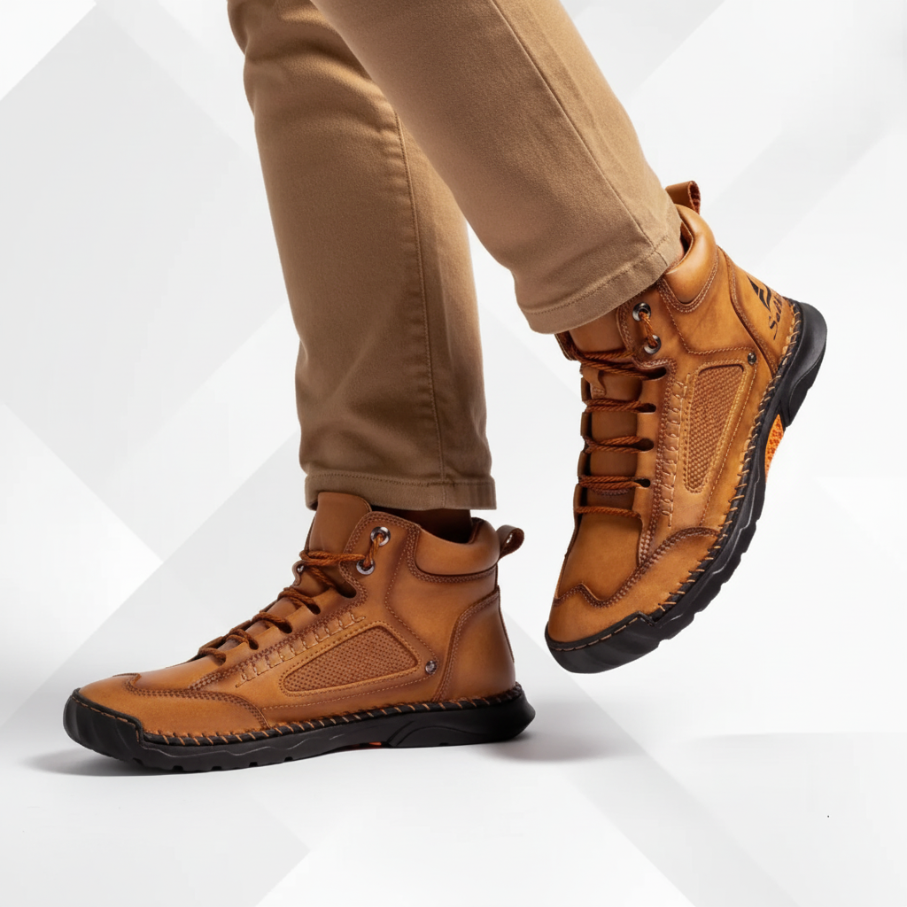 Outdoor shot of men's Sidney ankle boots, showcasing their waterproof design and durable traction