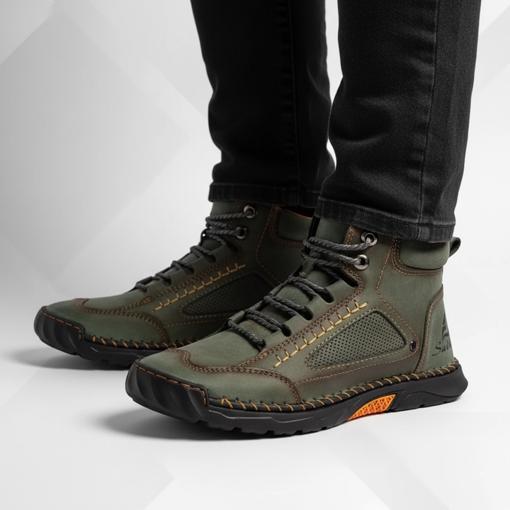 Front view of men's Sidney ankle boots, black, waterproof, and ideal for rugged outdoor fashion
