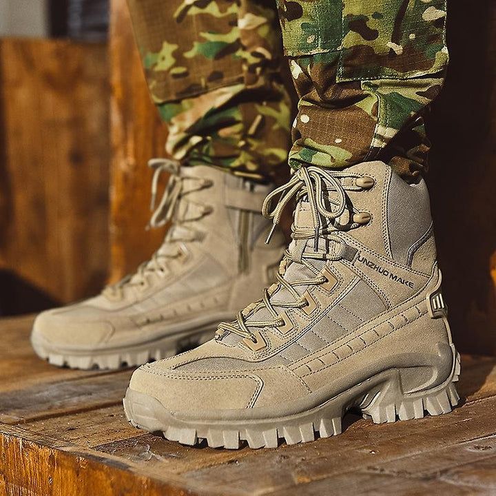 Men's Waterproof Tactical Work Boots: Durable black combat boots with anti-puncture sole & ankle support for demanding jobs.