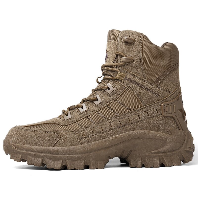 Waterproof Tactical Work Boots: Close-up of durable sole with anti-puncture plate & aggressive non-slip tread design.