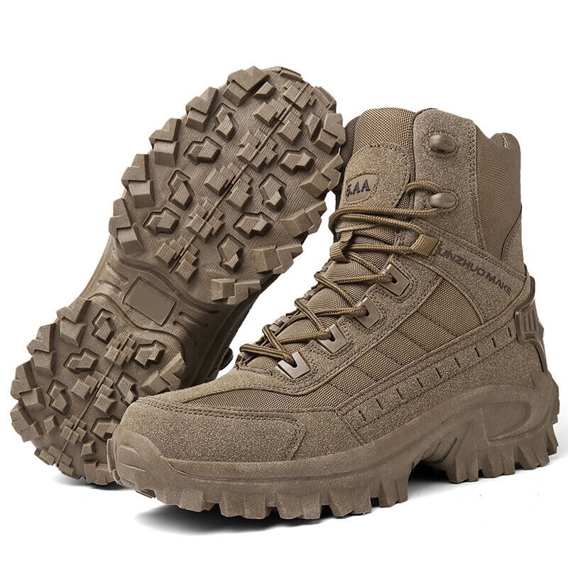 Men's Durable Work Boots: Side view of waterproof tactical boots showing strong ankle support and secure lacing.