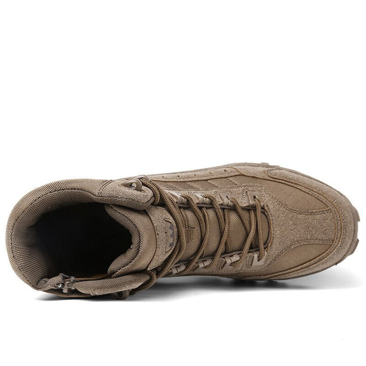 Anti-Puncture Men's Boots: Front view of waterproof tactical work boots, sturdy construction, ideal for protection.