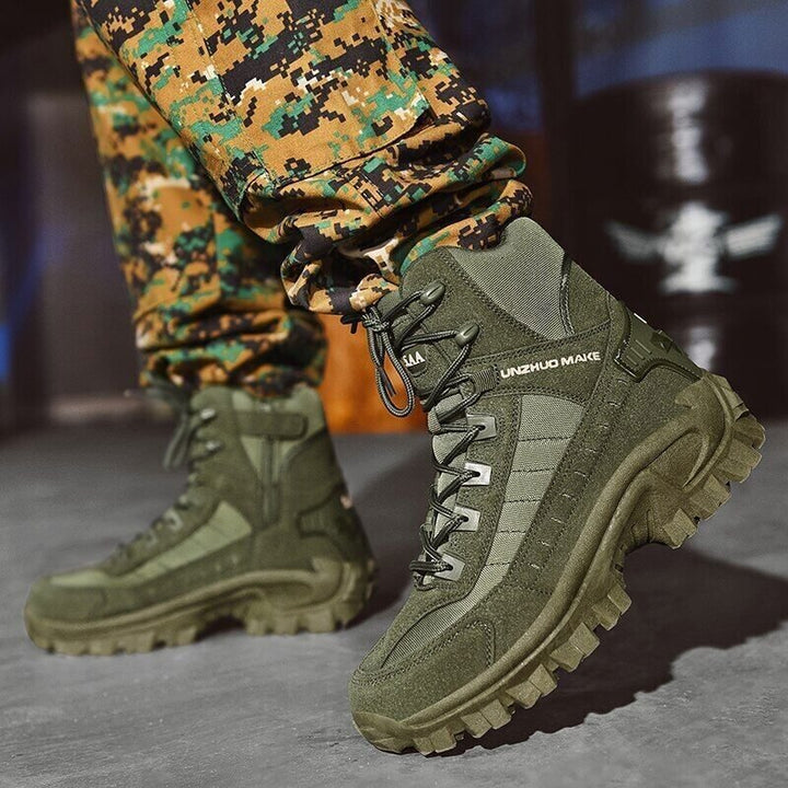 Men's Durable Work Boots: Brown waterproof tactical boots with anti-puncture sole, non-slip design & ankle support.