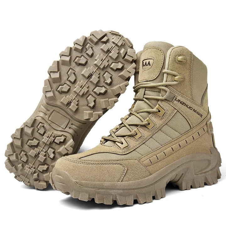 Durable Tactical Boots: Grey men's waterproof work boots with anti-puncture sole, non-slip traction & ankle protection.
